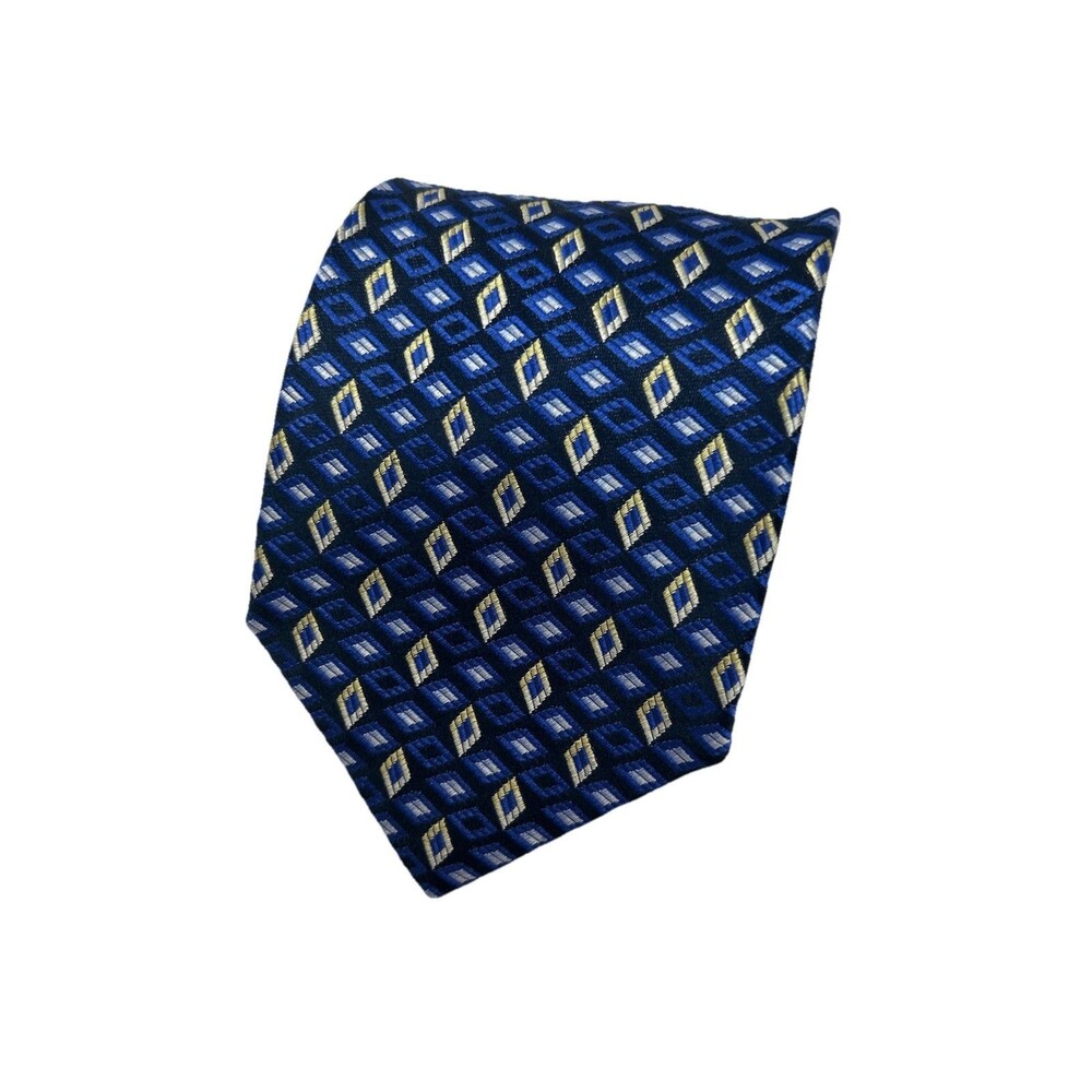 Saliari Italian 100% Silk Blue Geometric Diamond Pattern Necktie  57.75"‎ x 4"